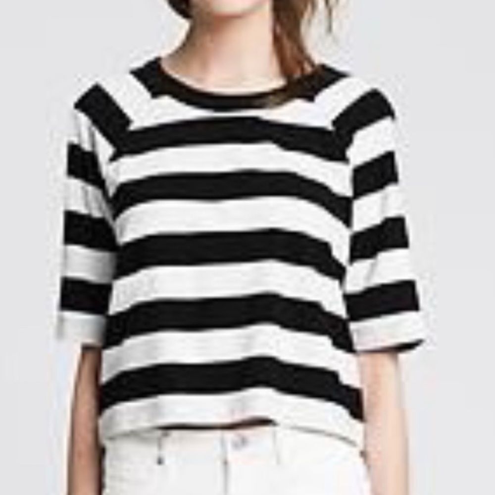 Banana Republic Boxy Black White Wide Stripe Bateau Neck Relaxed Crop Top L
